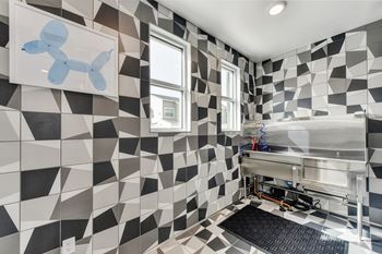 Dog washing area with large pet tub, White/Gray Pattern Wall and Floor, Window and Rubber Floor Mat